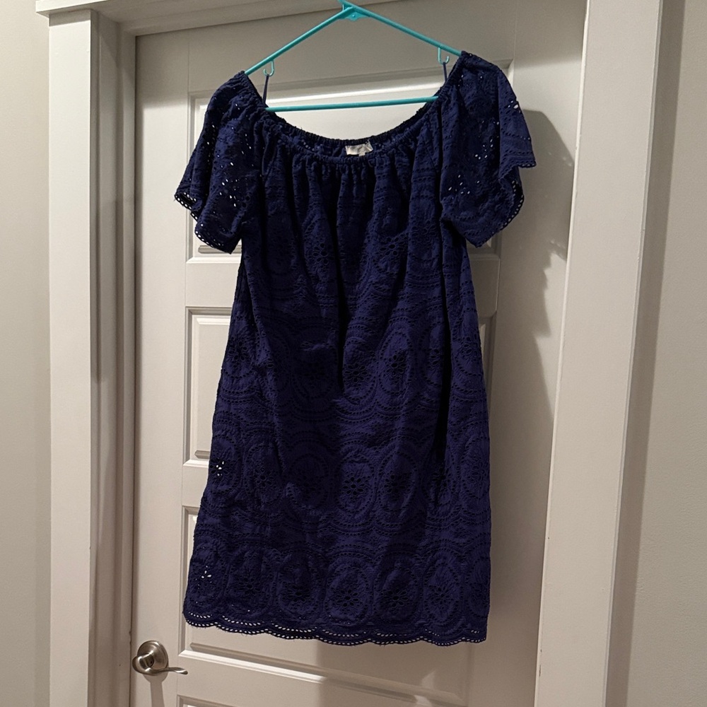 Joie Navy Blue Eyelet Off-Shoulder Dress